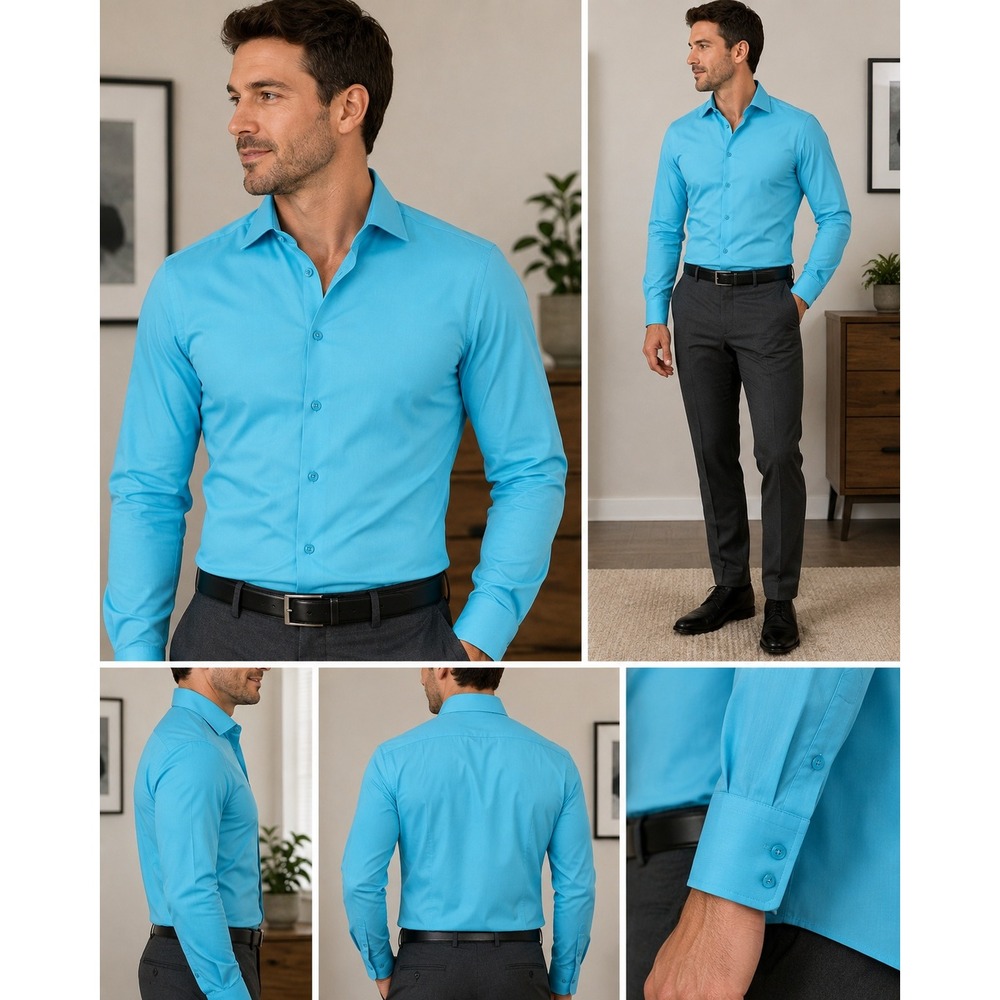 Van Heusen Flex Slim Fit Stretch Dress Shirt Cyan Blue 16.5 34/35 Large